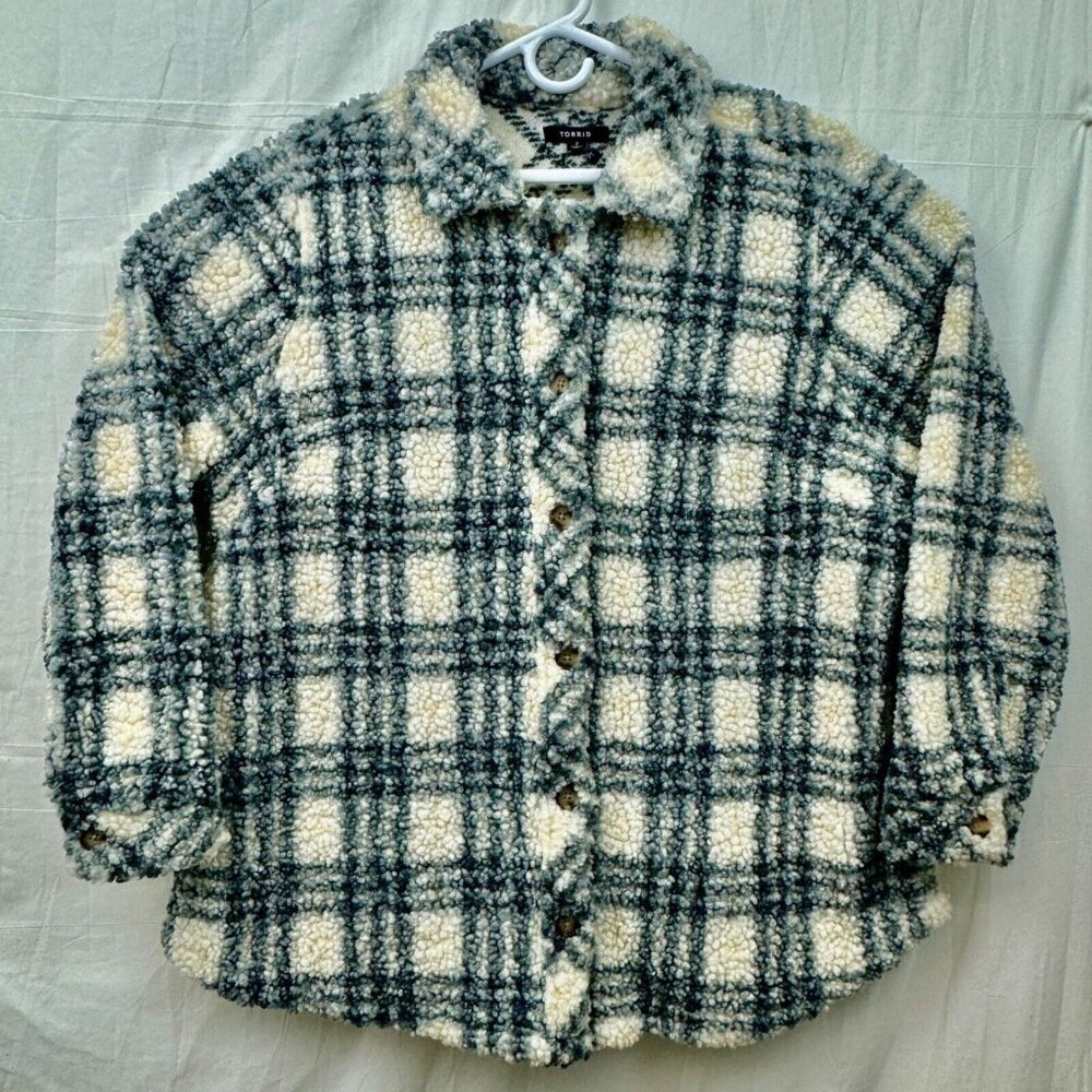 Torrid Sherpa Button Front Long Sleeve Shacket Women +2 Ivory Plaid - Picture 1 of 9